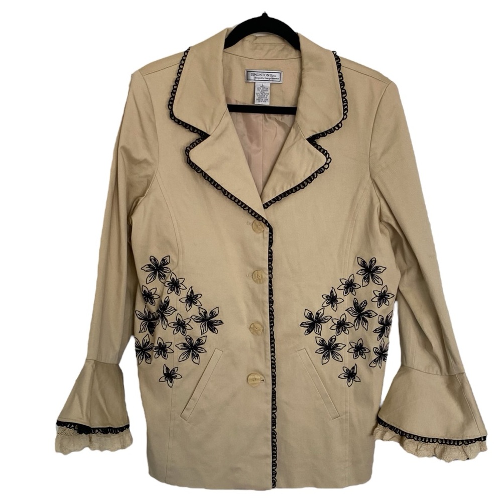 Vintage Simonton Says Blazer Jacket Women’s Large Tan Black Embroidered Lace